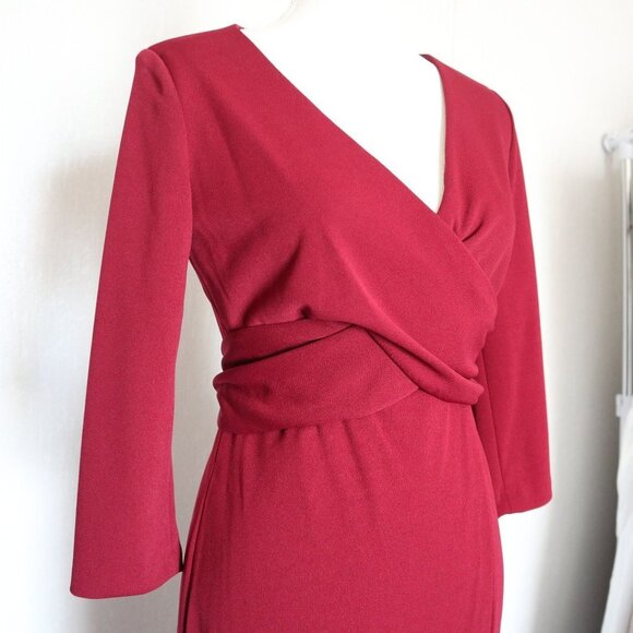 After Six 6814 Burgundy Red V-neck Crepe Sleeve Slit Front Evening Gown Small - Picture 4 of 13